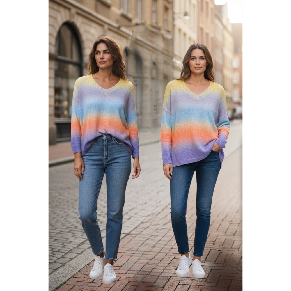 FATE Ombre‎ V Neck Sweater Pullover Long Sleeve Multi Color Pastel Women 2XL